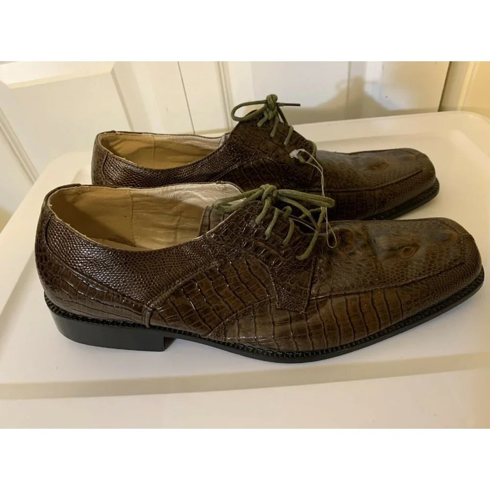 Bolano Faux Snake Skin Trim Printed Men’s Sz 12 Lace Up Oxford Brown Shoe‎